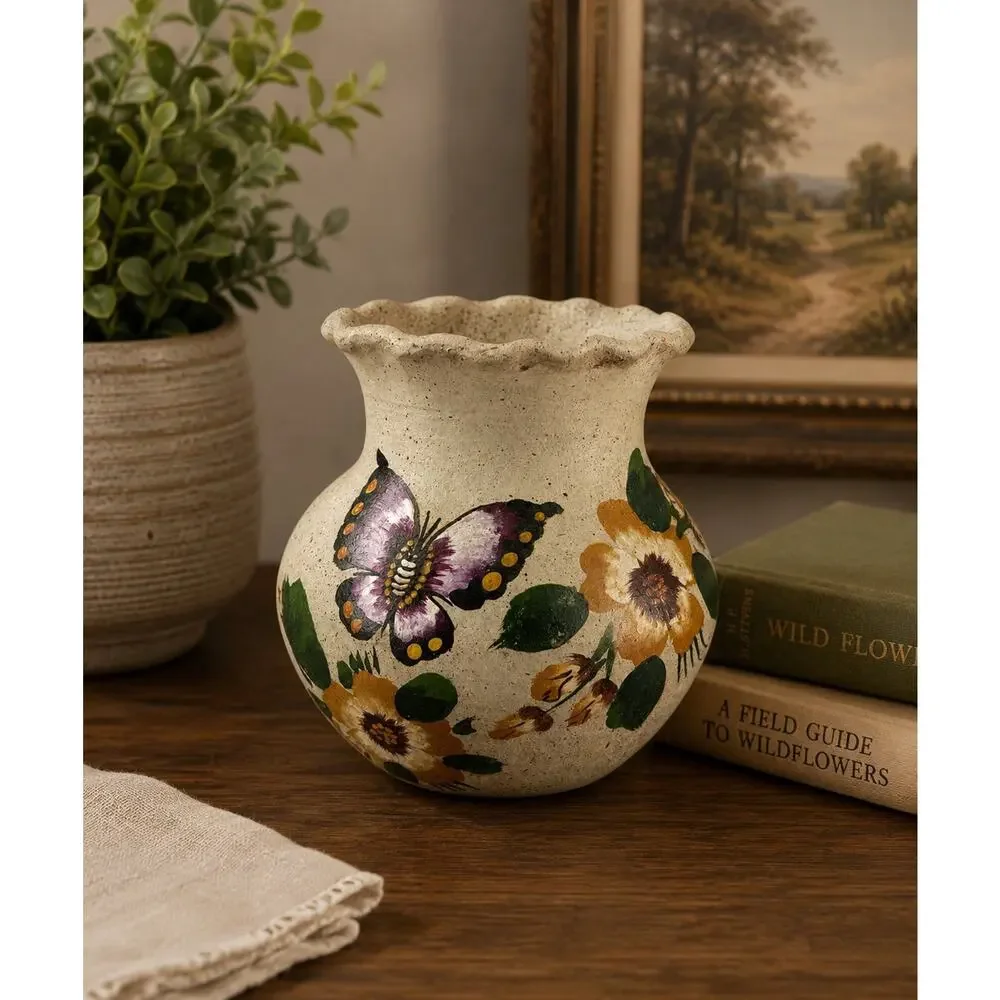 Vintage Hand Painted Pottery Vase Butterfly Floral Folk Art Scalloped Rim 6”